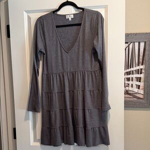 Socialite Gray Tiered V-Neck Long Sleeve Dress